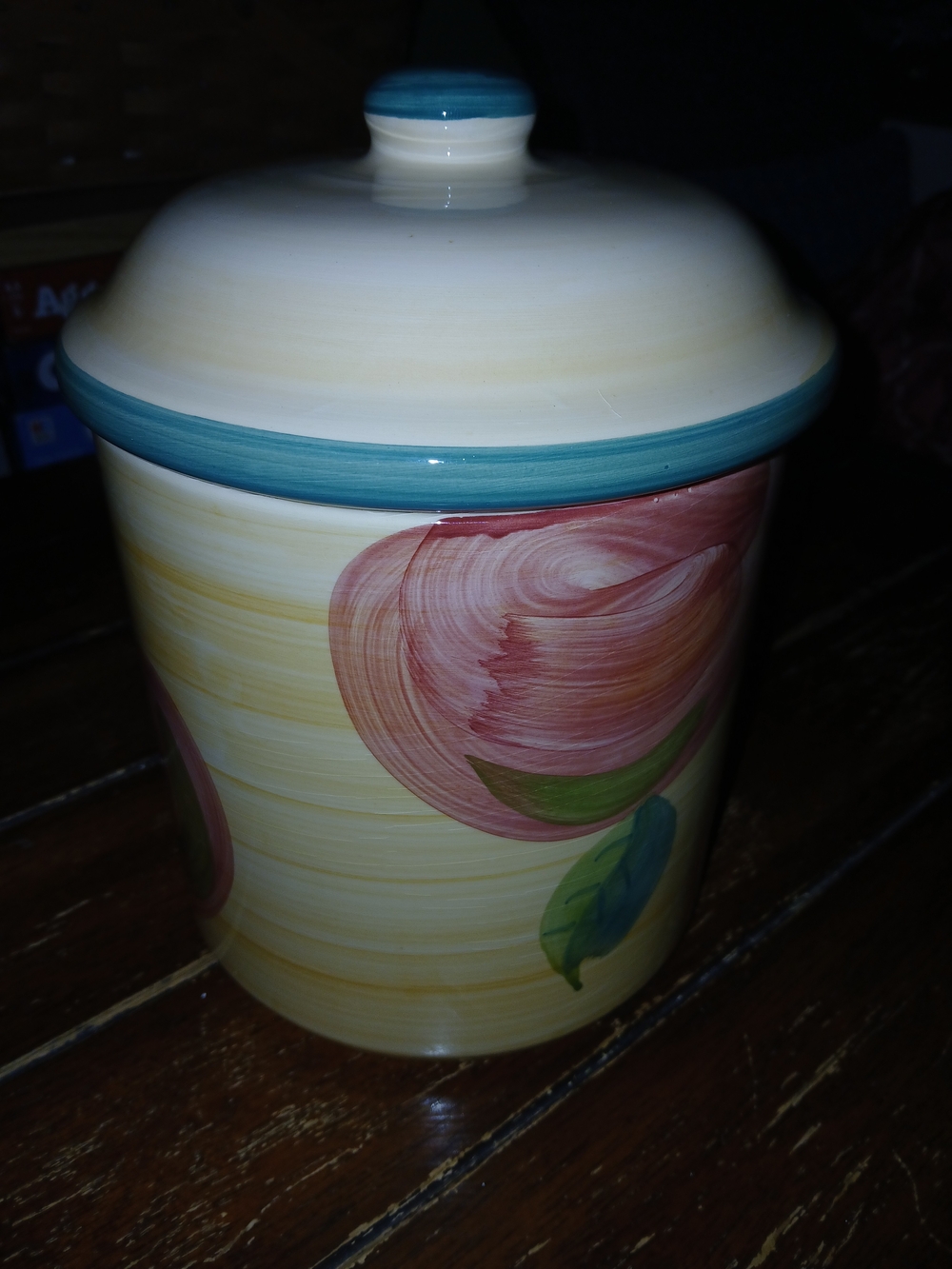 Hand-Painted Ceramic Kitchen Canister in Teal and Cream